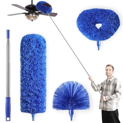Microfiber Duster for High Ceiling Fan Blades, Cobweb with Extension Pole Adjusts 15-82 Inch, Reusable Cleaning Duster Kit with 3 Duster Heads for Wall Blinds Door Furniture Bookshelves (Blue) - Image 1