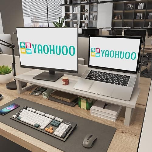 YAOHUOO Dual Monitor Stand Riser, 39Inch Large Monitor Stands for 2 Monitors, Computer Monitor Stand, Wooden Desktop Oraganizer Shelf for Office Desk Computer,Laptop,TV thumbnail 6