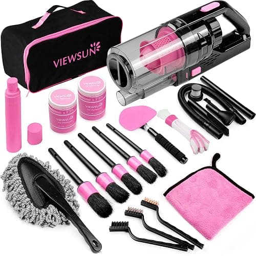 Viewsun 17pcs Car Cleaning Kit, Pink Car Interior Detailing Kit with High Power Handheld Vacuum, Detailing Brush Set, Windshield Cleaner, Cleaning Gel, Complete Auto Accessories for Women Gift - Pink - 17PCS - Image 1