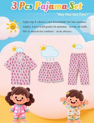 SWOMOG Kids Pajamas Sets 3PCS Short Sleeve Long Pants with Shorts Girls Boys Button Down PJS Cute Loungewear for 4T-15Years, thumbnail 4