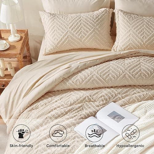 Zzlpp Full Comforter Set 7 Pieces, Beige Tufted Bed in a Bag with Comforter and Sheets, All Season Boho Bedding Sets with 1 Comforter, 2 Pillow Shams, 2 Pillowcases, 1 Flat Sheet, 1 Fitted Sheet thumbnail 3