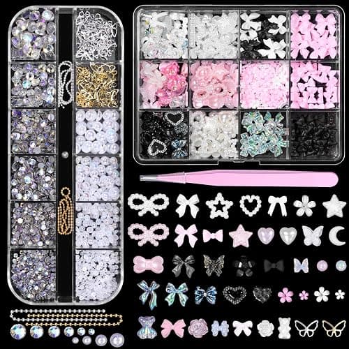 3D Assorted Nail Charms Gems, Bow Bowknot Butterfly Flower Acrylic Nail Art Charms, Half Round Nail Pearl and Rhinetones Charms for DIY Nail Art Accessories - Image 1