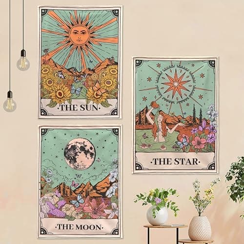 Aipon Tarot Tapestry Cute Tarot Card Tapestries 3 Pack Sun Moon Star Green Floral Flower Small Aesthetic Tapestry Wall Hanging for Bedroom Living Room Dorm (15'' × 20'') - Image 1