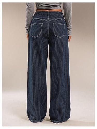 OYOANGLE Women's Striped Wide Leg Jeans Mid Waist Casual Pinstripe Denim Baggy 90s Trendy Pants Y2K Preppy Outfit thumbnail 2