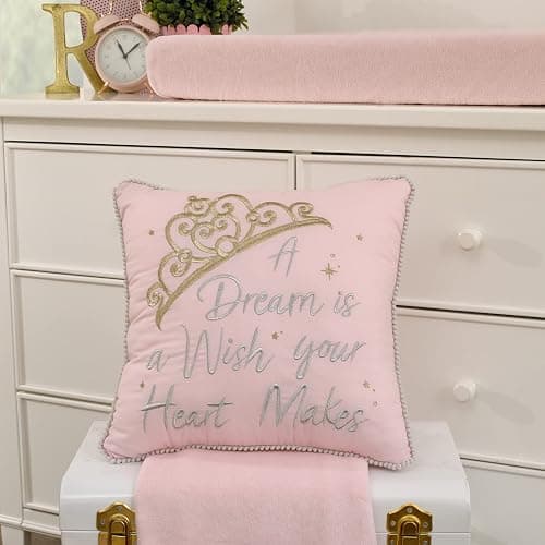 Disney Princess Enchanting Dreams Pink and Gold Embroidered Crown Decorative Throw Pillow with White Pom Pom Trim thumbnail 2