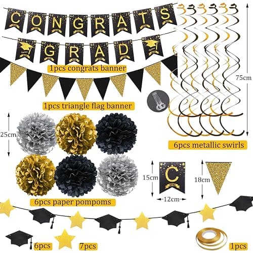 Graduation Decorations for 2026, Congrats Grad Banner and Star Cap Garland, Pennant Banner, Black and Gold Tissue Paper Pompoms, Hanging Swirls, for Graduation Party Decorations thumbnail 3