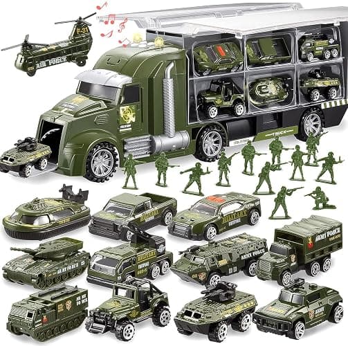 JOYIN 25 in 1 Military Kids Truck Toys for Age 3+, Toddler Boy Toys, Army Men Tanks Set with Soldier Men, Mini Battle Cars in Carrier Truck with Lights and Sounds, Christmas Great Gifts for Grandkids - Image 1