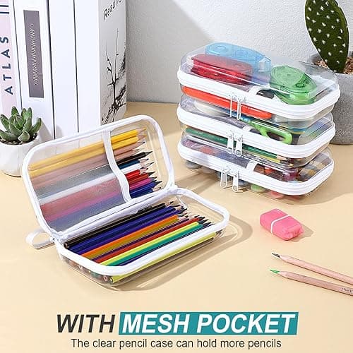 Sanwuta 4 Pcs Clear Hard Sided Zipper Pencil Case Pouches Bulk Plastic Hard Shell Pencil Case Box Organizer with Mesh Pocket Toiletry Pouch Makeup Bag, Back to School Supplies(White) thumbnail 7