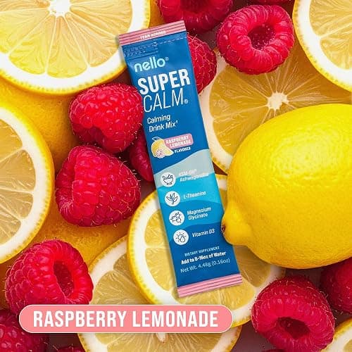 Nello Supercalm Powdered Drink Mix, Cortisol Reducer and Sleep Aid Supplement, L Theanine, Ksm-66 Ashwagandha, Magnesium Glycinate, Vitamin D 3, No Sugar, Non GMO, On The Go, 20 Ct, Raspberry Lemonade thumbnail 7