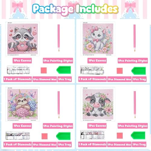 Diamond Art Kits for Kids, 4 Pieces Cartoon Animals Diamond Painting Kits for Adults Beginner, 5D Full Round Drill Gem Art Arts and Crafts for Kid Mosaic Kits for Gift Home Wall Decor Kids 6X6 inch thumbnail 6