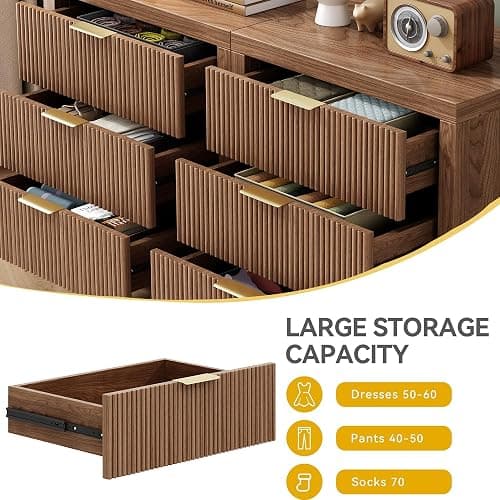 LSKTGA 3 Drawer Dresser for Bedroom, Modern Wooden Chest with Handles, Fluted Dresser with Wide Drawers and Bearing Slide for Hallway, Entryway, Walnut thumbnail 4