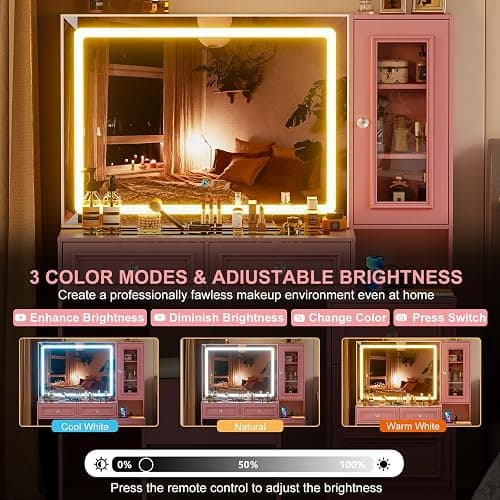 SDMY Vanity Desk with Mirror and Lights, Makeup Vanity Set with 5 Storage Drawers,Power Outlet,Small Dressing Table with Lights 3 Colors,Transparent Top Vanity with Jewelry Organizer for Bedroom,Pink thumbnail 6