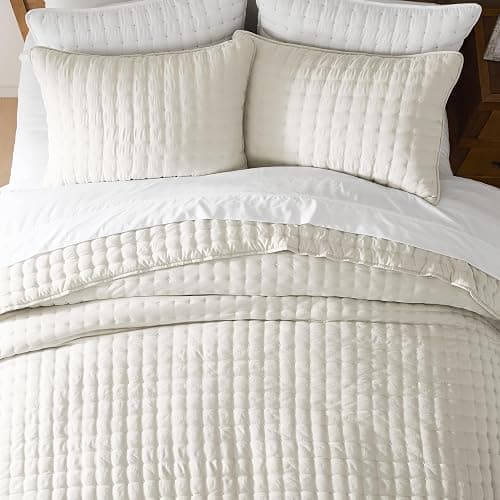 WDCOZY Ivory king Size Quilts Bedding Sets with 2 Pillow Shams, Lightweight Soft Bedspread Coverlet, Quilted Blanket Thin Comforter Bed Cover for All Season, 3 Pieces, 90x90 inches thumbnail 3