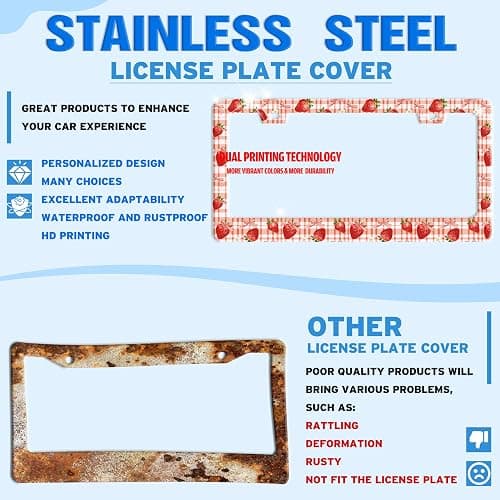 Strawberry License Plate Frame Stainless Steel Fruit Bow License Plate Holder for Front and Rear Car Tags Funny for Car Decoration Accessories with Screws 6.3 X 12.2 in for Women Men thumbnail 2