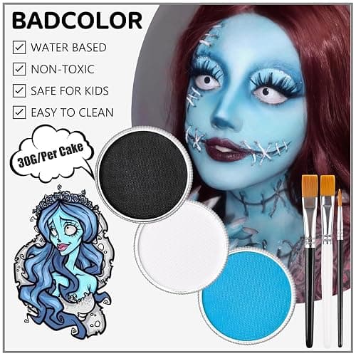 White Black & Light Blue Sally Makeup Face Body Paint, Corpse Bride Face Painting Kit with Painting Brushes for Halloween, Water Based Face Paints for Smurf Avatar Mermaid & Demon SFX Costume Make-Up thumbnail 4