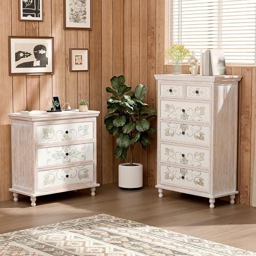 VINGLI Dresser Wood Chest of Drawers for Bedroom, Tall Dresser, Boho Dresser 6 Drawer Chest, Wooden Dresser with Drawers and Solid Wood Legs, Rustic Dresser, Washed White - 15"D x 29.9"W x 46.5"H (6 Drawers) - Washed White thumbnail 3