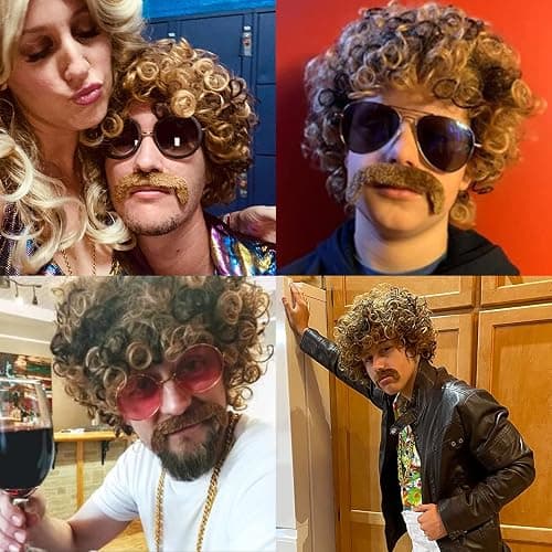 TUOFLY Disco Wig 5Pcs Set (Wig+ Glasses+ Necklace+ Mustache+ Wig Cap) 70'S Costumes Wig Afro Wig Men Short Curly Natural Fluffy Synthetic hair Wig for Halloween Disco Party thumbnail 6