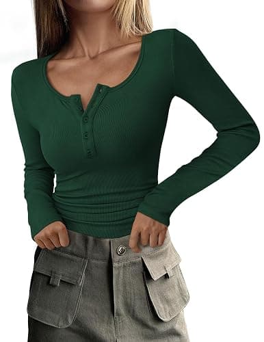 PRETTYGARDEN Women's 2025 Fall Long Sleeve Henley T Shirts Button Ribbed Knit Slim Fit Basic Tops Blouse Casual Outfits - Image 1