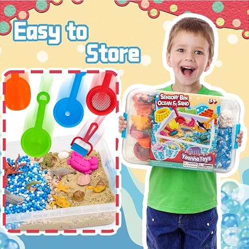 Ocean&Sand Sensory Bin with Lid, 42 Pcs Sensory Sand Kit with Sea Animals for Kids, Birthday Christmas Gifts for Boys Girls, Preschool Learning Activities Tools Box, Outdoor Sandbox Toys for Toddlers thumbnail 5