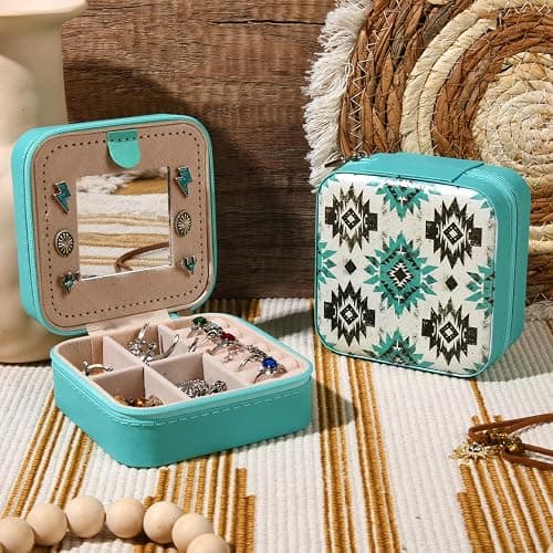 CEELGON Western Jewelry Box Case Gift Aztec Print Travel Jewelry Organizer Christmas Gifts for Teen Girls Cowgirl Stuff Small Portable Travel Accessories for Women (Aztec) thumbnail 2