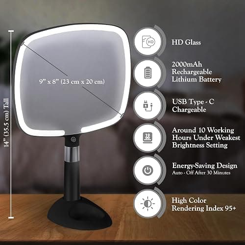 MIRRORVANA Lighted Travel Makeup Mirror - 2 in 1 Handheld & Tabletop LED Mirror with 3 Light Modes, Detachable Stand, and Comfy Handle - 9" x 13" (Black) thumbnail 3
