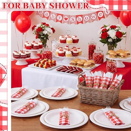 Lanties 200 Pcs BBQ Party Supplies Red White Gingham Biodegradable Disposable Tableware Set for 50 Guests Knives Spoon Fork Paper Napkins for BBQ Baby Shower Birthday Wedding thumbnail 4