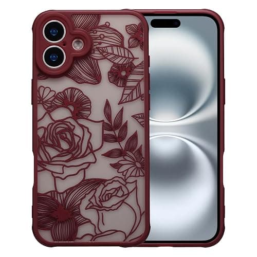 XIZYO for iPhone 16 Case Cute Floral, Wine Red | Girly Women Flower Rose Aesthetic Burgundy Pattern, Full Camera Protection Translucent Matte Anti-Yellowing Shockproof Cover - Image 1