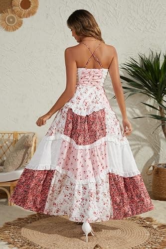 Women Floral Maxi Dress Spaghetti Straps V Neck Lace Patchwork Flowy Tiered Boho Beach Sundress Long Dresses thumbnail 7
