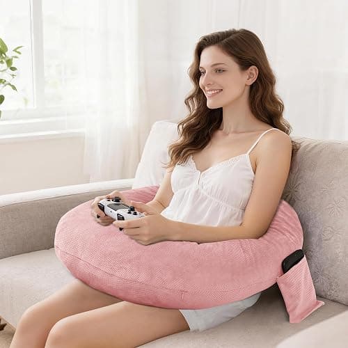 DWCN Reading Pillow for Gaming, Gaming Pillow for Lap Support with Side Pocket & Back Strap for Bed, Sofa, Floor - Arm Rest Pillow for Playing, Working, Sitting, Crocheting (Pink) - Image 1
