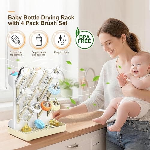 Viddett Superior Vertical Baby Bottle Drying Rack with 4-Pack Brush Set: Space-Saving Countertop Drying Rack - BPA-Free Baby Accessories Storage Stand Organizing Brushes & Pacifiers - Warm Beige thumbnail 3