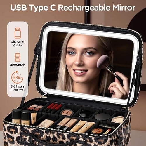 IPOW Travel Makeup Bag with LED Mirror, 3 Adjustable Light Settings, Customizable Dividers, Portable Travel Organizer, USB Charging, Leopard print, Large thumbnail 6
