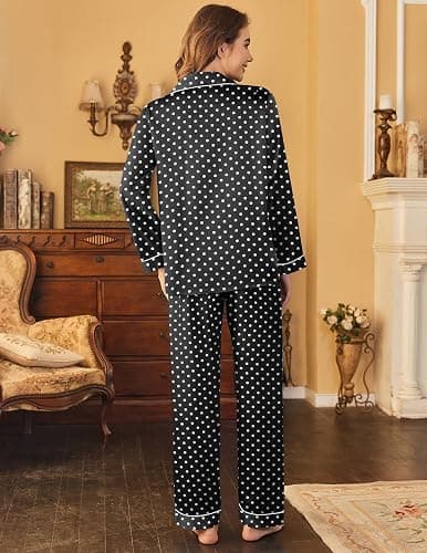 Ekouaer Womens Satin Pajama Set Classic Pattern Silky Pj Sets Button Down Sleepwear Loungewear thumbnail 5