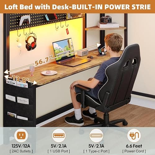 Dnxao Full Size Loft Bed with Desk, Heavy Duty Metal Bed Frame for Teens Adults, 6 Storage Drawers, Power Outlet with Type-C, LED Lights, Integrated Study Workstation for Small Room, Rustic Brown thumbnail 5