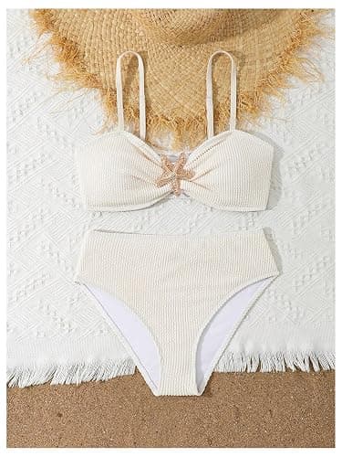 RoseSeek Girl's 2 Piece Starfish Swimsuits Metal Decor Cute Bikini Sets | Padded, Wireless, Textured, Spaghetti Strap, Bathing Suits, Beachwear, Beach, Summer, Vacation thumbnail 5