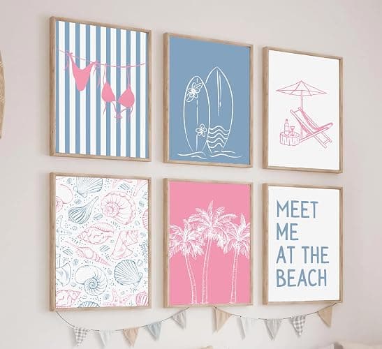6Pcs Coastal Beach Surfing Wall Art Preppy Bikini Shells Painting Picture Wall Decor Summer Meet Me at the beach Poster Print Artwork for Living Room Bedroom Dining Room Bathroom Home Decoration - Poster - 10L"x 8W" thumbnail 4