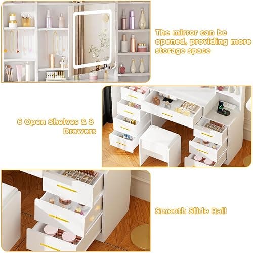 BEWISHOME Large Vanity Desk with Mirror and Lights,White Makeup Vanity Table with Power Outlet,Makeup Desk with 8 Drawers,7 Open Shelves,12 Hooks,Nightstand and Stool,Dressing Table for Bedroom FST53W thumbnail 7