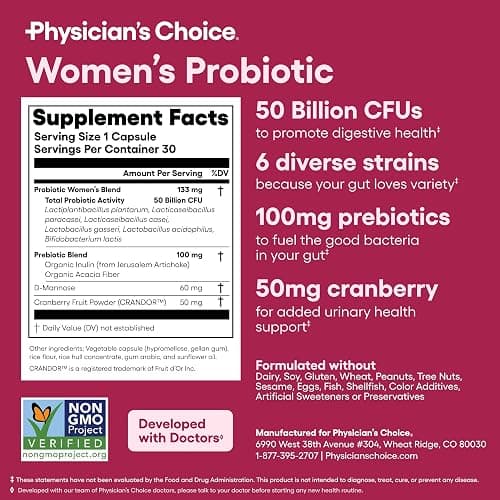 Physician's CHOICE Probiotics for Women - PH Balance, Digestive, UT, & Feminine Health - 50 Billion CFU - 6 Unique Strains for Her - Organic Prebiotics, Cranberry Extract+ - Women Probiotic - 30 CT thumbnail 6