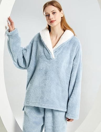 Gihuo Women' s Fluffy Pajamas Set Fleece Pullover Pants Loose Plush Sleepwear 2 Piece Pjs Set Warm Loungewear Fuzzy thumbnail 3