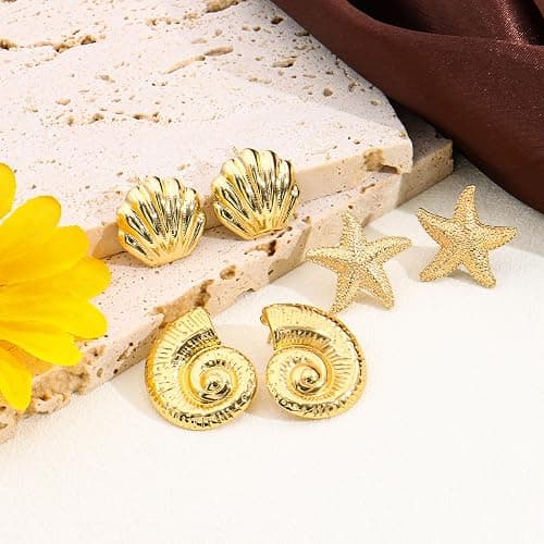 3 Pairs Beach Earrings for Women 14K Gold Statement Earrings Summer Ocean Jewelry Starfish Conch Seashell Stud Earring Set thumbnail 3