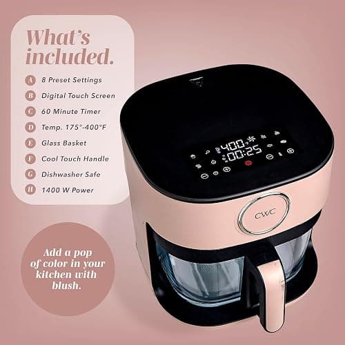 COOK WITH COLOR 1400W 5.5Qt Digital Kitchen Air Fryer with Glass Basket, 8 Presets Healthy Cooking Options, Bake, Fry, Reheat, 60-Min Timer, Adjustable Temperature Control 175°F–400°F, Blush thumbnail 3