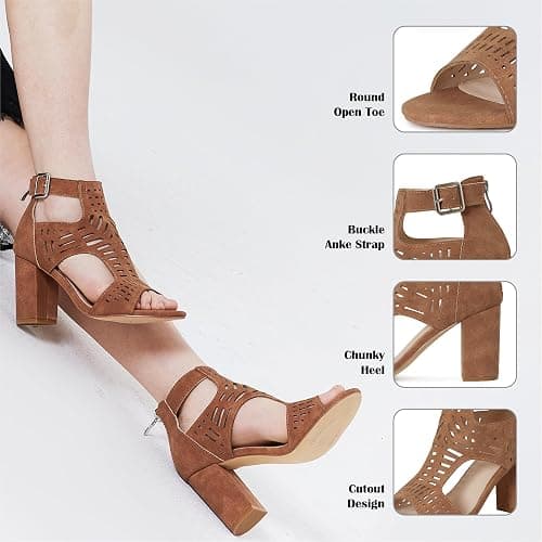 AOSPHIRAYLIAN Heeled Sandals Brown Womens Heels Open Toe Wedge Sandals | Bohemian Cutout·Ankle Strap·3.14" Heel Height·Faux Leather Upper·Comfy Padded — 5 Colors, Dress Summer Shoes, Daily to Party thumbnail 4