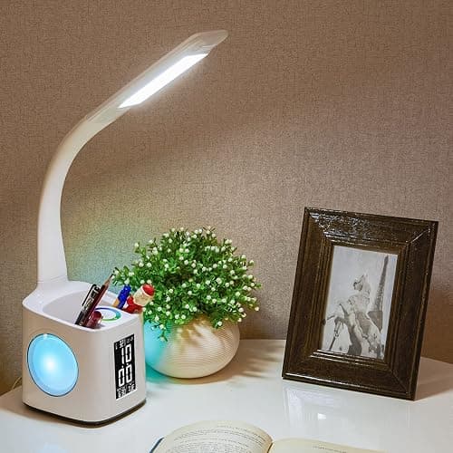 wanjiaone LED Desk Lamp with Clock,Color Changing Nightlight,Study Lamp with Pen Holder,Desk Light with USB Charger,Table Light for Home,Office,Bedroom,Gift for Kids,Students,Women,White thumbnail 4