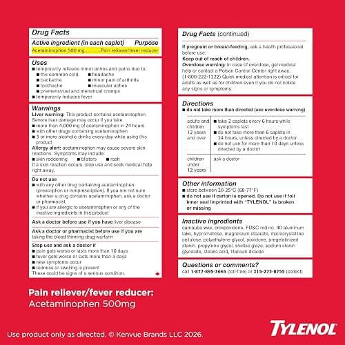 Tylenol Extra Strength Acetaminophen 500 mg Caplets, Fast, Strong Pain Relief, Fever Reducer, Pills for Headache, Backache, Toothache, Minor Arthritis & Menstrual Cramps, Value Size, 225 Count thumbnail 8