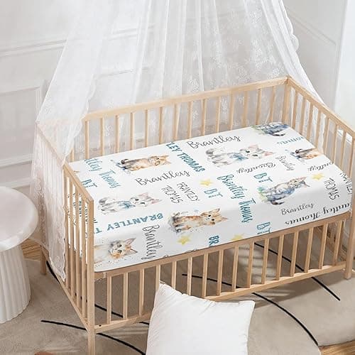 Custom Baby Crib Sheet, Personalized Cat Fitted Crib Bedding Sheet with Name, Custom Pack and Play Sheets, Crib Mattress Sheets for Baby Boys Girls, Mini Crib Sheet