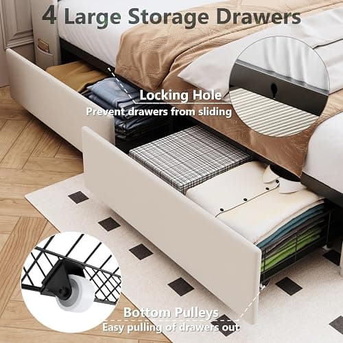 Queen Bed Frame with 4 Drawers and Storage Headboard, Upholstered Platform Bed Frame Queen Size with Led Lights and Handy Charging Station, No Box Spring Needed, Easy Assembly, Noise Free, Beige thumbnail 4