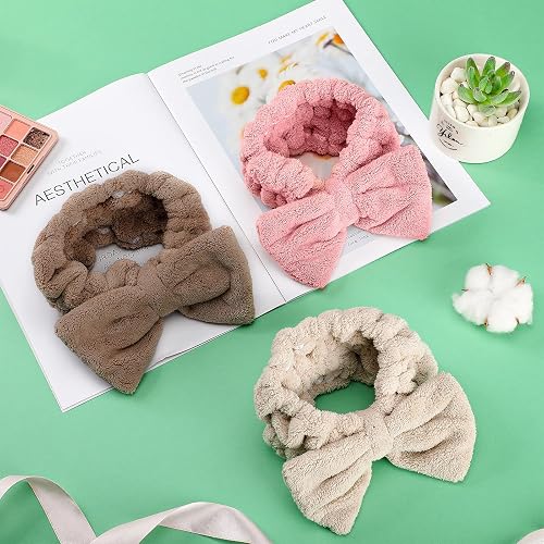 3 Pieces Wash Face Headband Makeup Spa Headband Towel Terry Hair Bands Microfiber Bowtie Headbands Shower Facial Adjustable Headband for Women (Pink, Blue, White) thumbnail 5