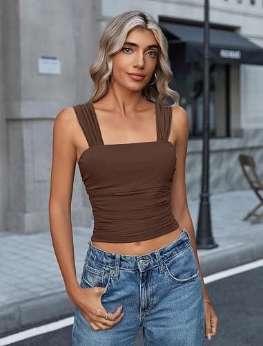 Avidlove Square Neck Tops for Women Mesh Cute Ruched Crop Tank Y2K Concert Going Out Top Brown thumbnail 7