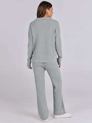 ANRABESS Women Two Piece Outfits Sweater Sets Lounge Waffle Knit Pullover Matching Wide Leg Pants Tracksuit 2025 Fall Fashion thumbnail 2