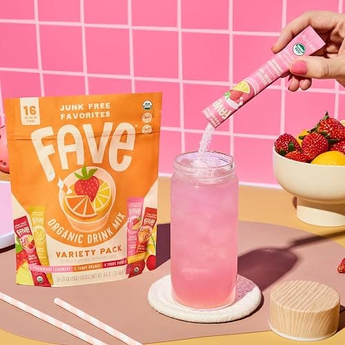 FAVE Variety Pack USDA Organic Drink Mix, 16 Stick Pouch | Lemonade, Strawberry Lemonade, Fruit Punch and Tangy Orange. Four flavors, 16 sticks. thumbnail 6