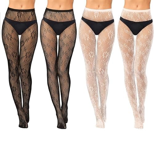 Jiuguva 4 Pack Women Lace Tights White Black Fishnet Stockings Floral Mesh Pantyhose Stockings Leggings Bow Patterned Tights for Women Halloween - Image 1
